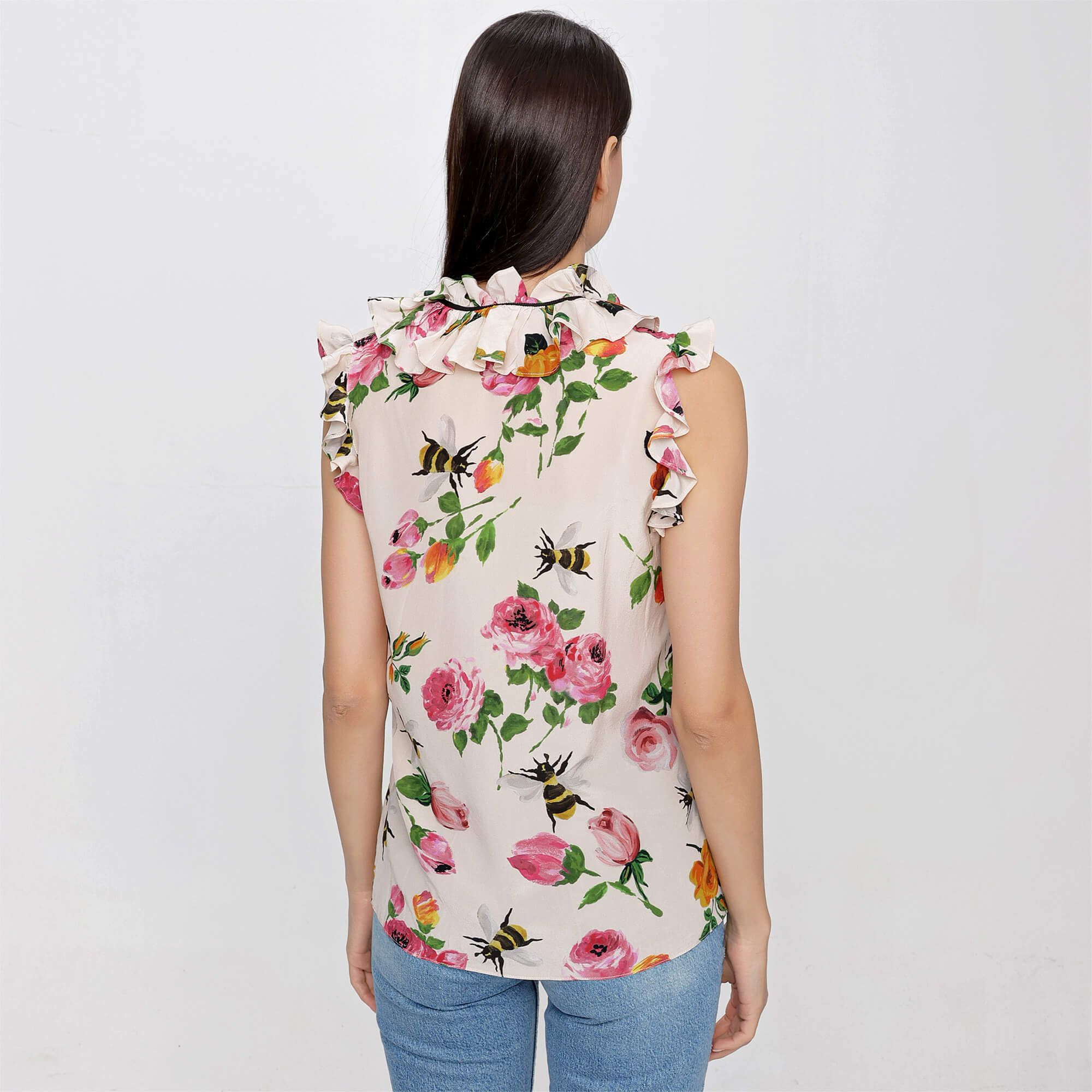 Gucci - Ivory Silk Rose Print Ruffle Detail Sleeveless Top